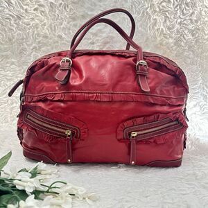 GUCCI‎ Red Leather Vintage Sabrina Top Handle Handbag Tote Ruffle Details